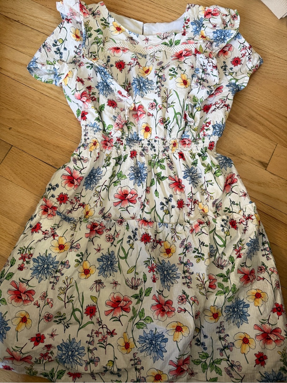 wonder nation White Floral Tiered Dress with Red, Blue, Yellow & Green Print